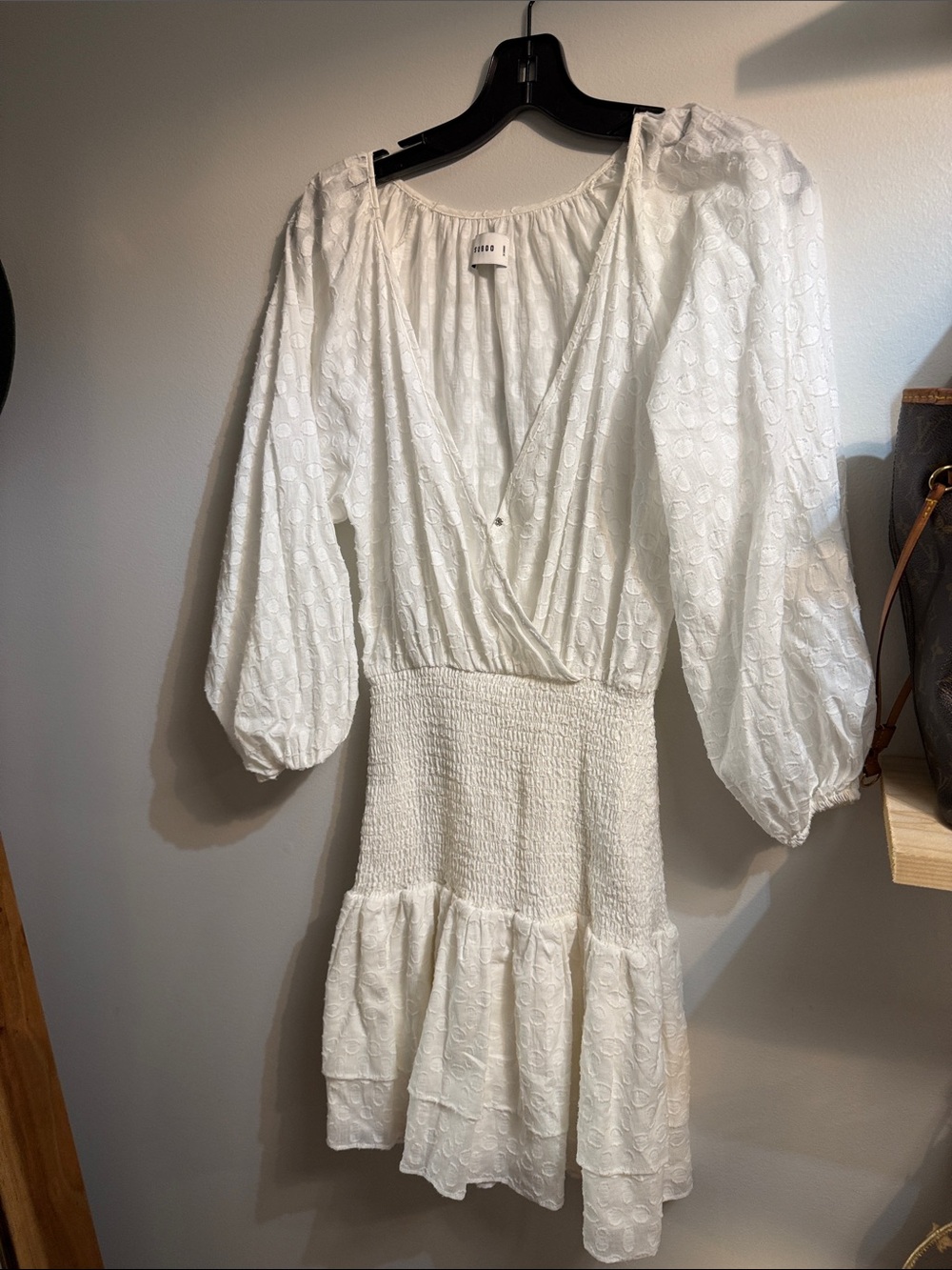 White Smocked Waist Mini Dress with Puff Sleeves